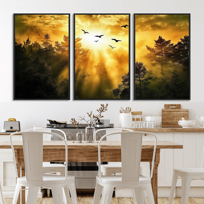 13776802-MGV-CV-36X24-Golden Forest Wall Art Canvas Print, Framed Sunset Pines Art Picture Print, Flying Birds Perfect Nature Glow Decor Artwork