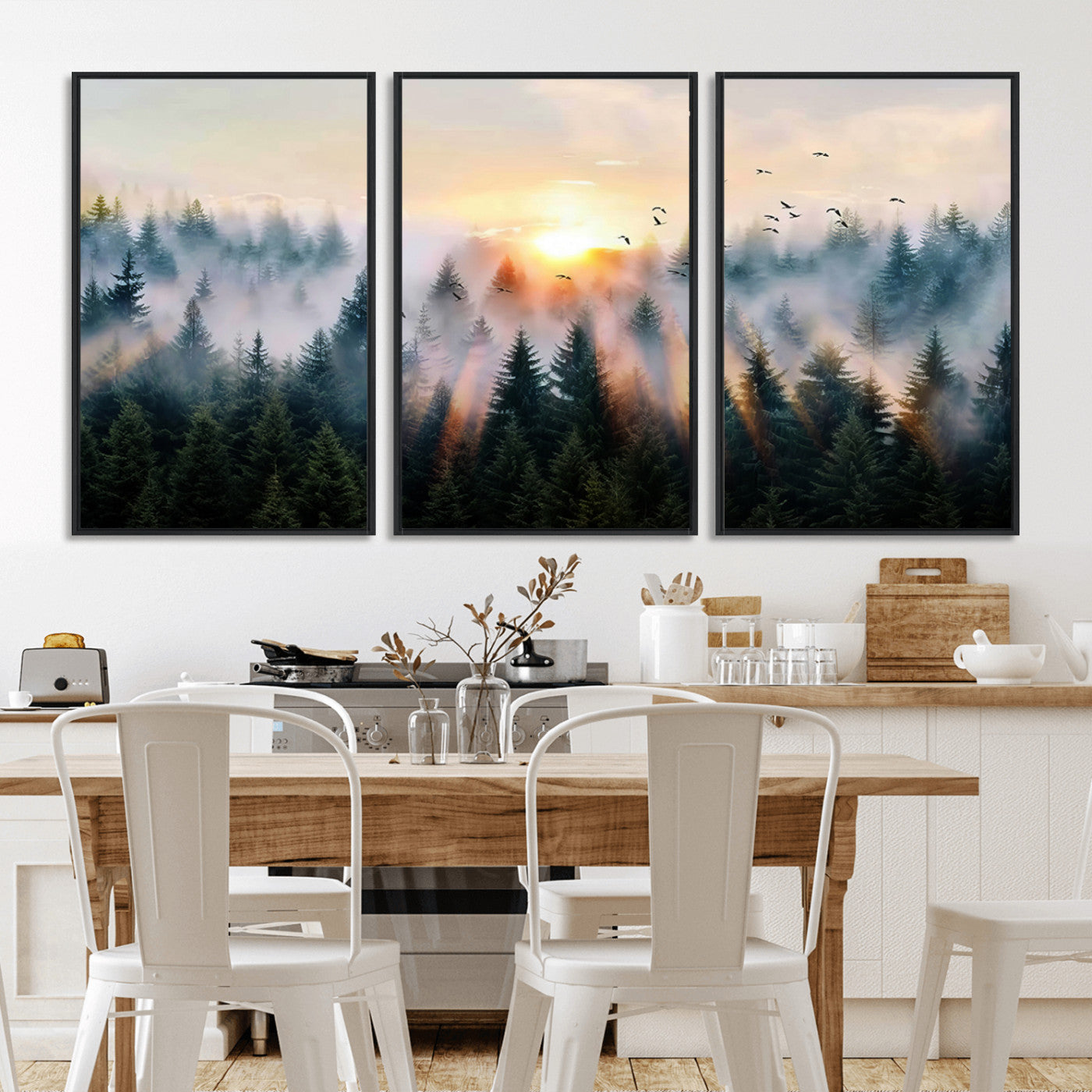 56391411-MGV-CV-36X24-Misty Forest Wall Art Canvas Print, Framed Sunrise Pines Art Picture Print, Moody Pines Perfect Serene Woodland Decor Artwork