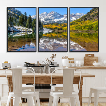 87724099-MGV-CV-36X24-Maroon Bells Wall Art Canvas Print, Framed Snowy Mountains Art Picture Print, Pine Forest Perfect Vibrant Alpine Decor Artwork