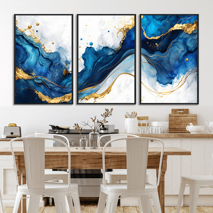 33506371-MGV-CV-36X24-Blue Marble Wall Art Canvas Print, Framed Gold Splash Art Picture Print, Abstract Wave Perfect Modern Luxe Decor Artwork