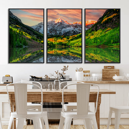 59533484-MGV-CV-36X24-Maroon Bells Autumn Wall Art – Panoramic Mountain Landscape Canvas Print, Sunset Reflection Nature Artwork for Living Room, Office