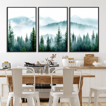 16716676-MGV-FC-60X30-3P_Black-Pine Forest Wall Art Canvas Print, Framed Misty Mountains Art Picture Print, Foggy Trees Perfect Moody Forest Decor Artwork