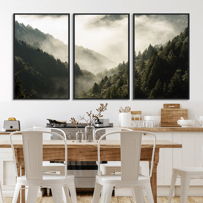 57570237-MGV-CV-36X24-Misty Valley Wall Art Canvas Print, Framed Foggy Forest Art Picture Print, Pine Trees Perfect Moody Woodland Decor Artwork