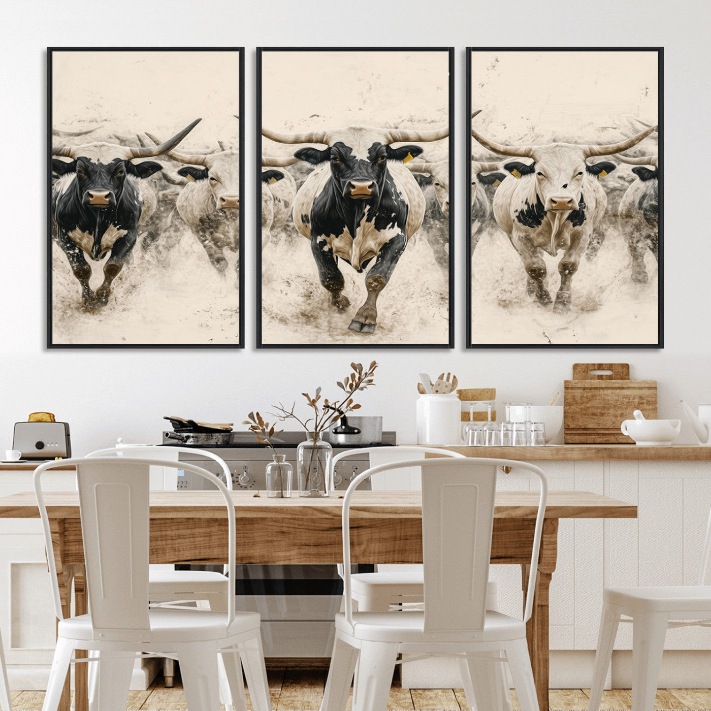 61538944-MGV-FC-60X30-3P_Black-Texas Longhorn Wall Art Canvas Print, Framed Cattles Walking Art Picture Print, Black White Bulls Perfect Rustic Western Decor