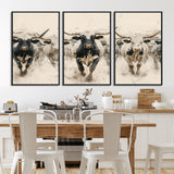 61538944-MGV-FC-60X30-3P_Black-Texas Longhorn Wall Art Canvas Print, Framed Cattles Walking Art Picture Print, Black White Bulls Perfect Rustic Western Decor