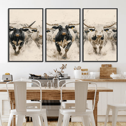 61538944-MGV-FC-60X30-3P_Black-Texas Longhorn Wall Art Canvas Print, Framed Cattles Walking Art Picture Print, Black White Bulls Perfect Rustic Western Decor