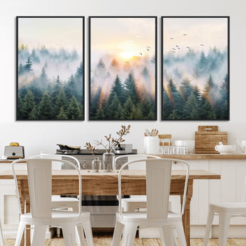 92718976-MGV-CV-36X24-Misty Forest Wall Art Canvas Print, Framed Sunrise Pines Art Picture Print, Foggy Woodland Perfect Moody Woodland Decor Artwork