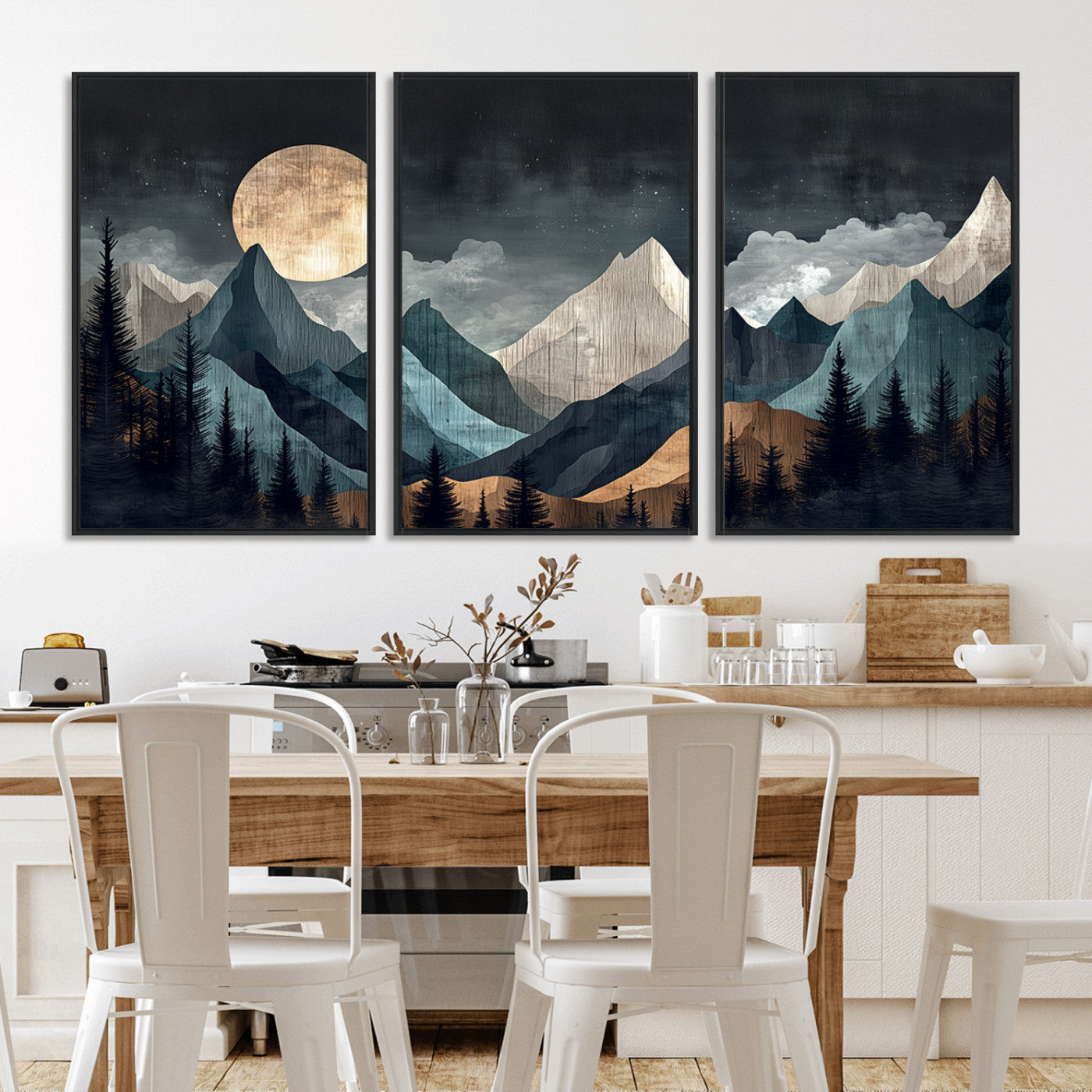 11060882-MGV-FC-60X30-3P_Black-Moonlit Mountains Wall Art Canvas Print, Framed Forest Silhouette Art Picture Print, Night Landscape Perfect Modern Forest Decor