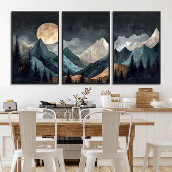 11060882-MGV-CV-36X24-Moonlit Mountains Wall Art Canvas Print, Framed Forest Silhouette Art Picture Print, Night Landscape Perfect Modern Forest Decor