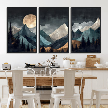 11060882-MGV-CV-36X24-Moonlit Mountains Wall Art Canvas Print, Framed Forest Silhouette Art Picture Print, Night Landscape Perfect Modern Forest Decor