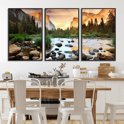 90956031-MGV-FC-60X30-3P_Black-Yosemite Valley Wall Art – Scenic Mountain River Landscape Canvas Print, Nature Photography for Living Room, Bedroom, Cabin,