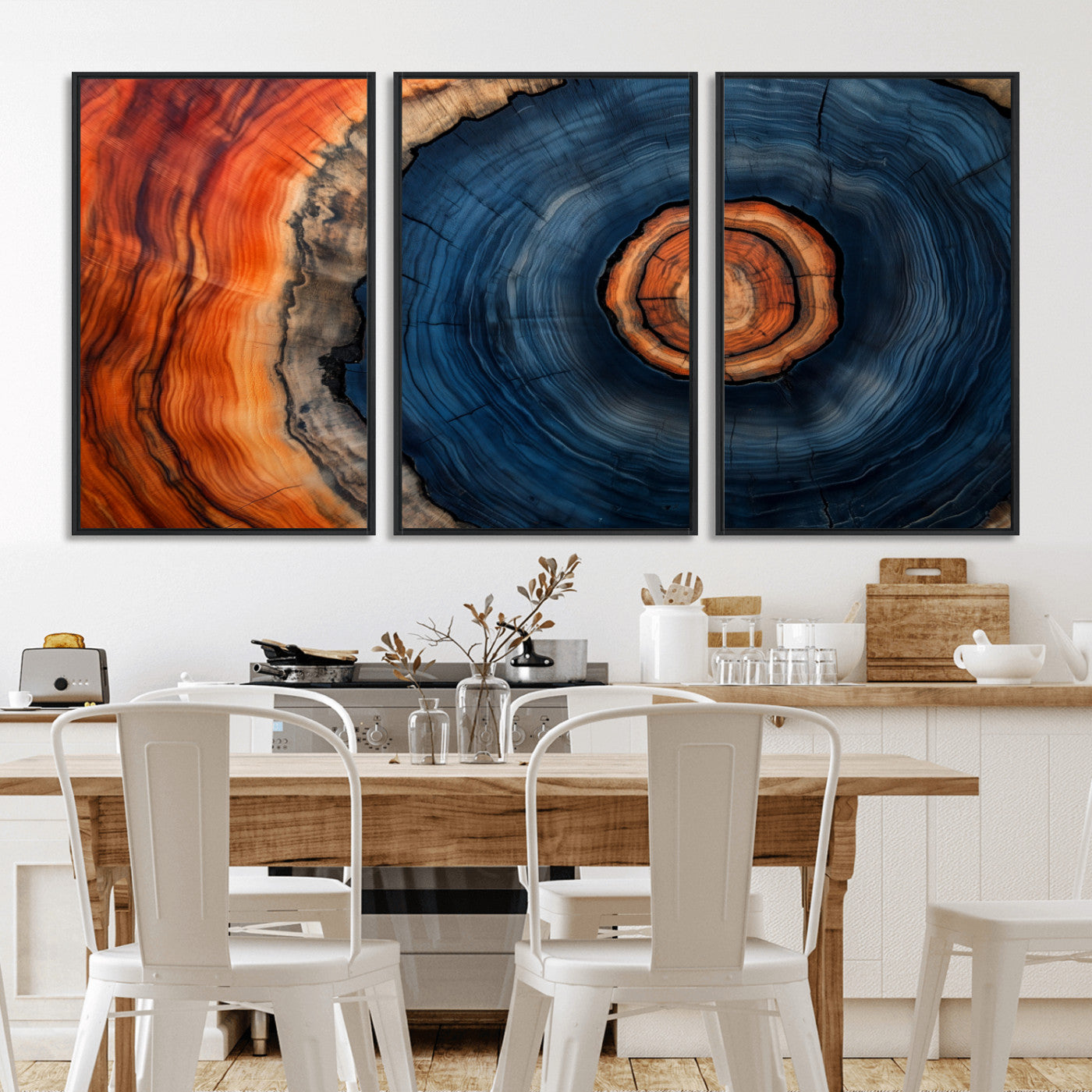 72209152-MGV-FC-60X30-3P_Black-Abstract Tree Ring Wall Art – Vibrant Blue Orange Wood Grain Canvas Print, Rustic Modern Nature Artwork for Living Room, Office,