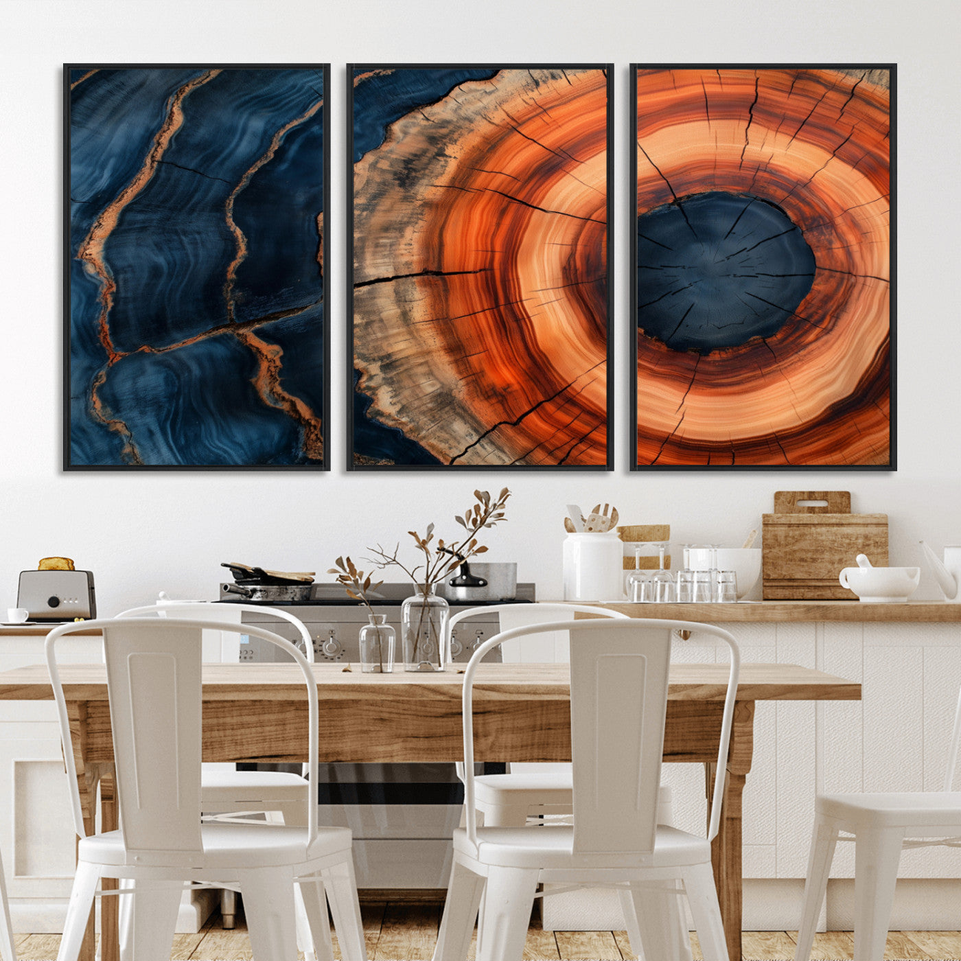 41123192-MGV-CV-36X24-Tree Ring Canvas Wall Art – Abstract Blue Orange Wood Grain Print, Rustic Modern Nature Artwork for Living Room, Bedroom, Office
