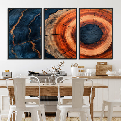 41123192-MGV-CV-36X24-Tree Ring Canvas Wall Art – Abstract Blue Orange Wood Grain Print, Rustic Modern Nature Artwork for Living Room, Bedroom, Office
