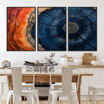 26110607-MGV-CV-36X24-Blue and Orange Tree Ring Wall Art – Abstract Wood Cross Section Canvas Print, Modern Rustic Nature Decor for Living Room, Office,
