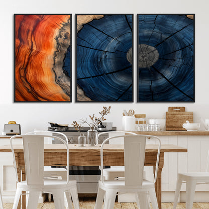 26110607-MGV-CV-36X24-Blue and Orange Tree Ring Wall Art – Abstract Wood Cross Section Canvas Print, Modern Rustic Nature Decor for Living Room, Office,