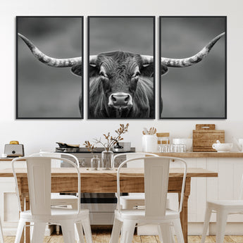 81228550-MGV-FC-60X30-3P_Black-Framed Texas Longhorn Bull Art Canvas Print, Western Bull Wall Art Print, Long Horn Bull Photo Print for Log Cabin, Large Bull