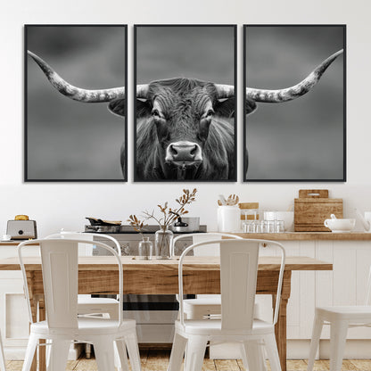 81228550-MGV-FC-60X30-3P_Black-Framed Texas Longhorn Bull Art Canvas Print, Western Bull Wall Art Print, Long Horn Bull Photo Print for Log Cabin, Large Bull