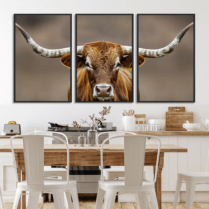 12179171-MGV-FC-60X30-3P_Black-Texas Longhorn Wall Art Canvas Print, Framed Brown Bull Art Picture Print, Lone Cattle Perfect Rustic Western Decor Artwork