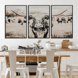 27497342-MGV-FC-60X30-3P_Black-Texas Longhorn Wall Art Canvas Print, Framed Speckled Cow Art Picture Print, Horned Cattle Perfect Rustic Western Decor Artwork