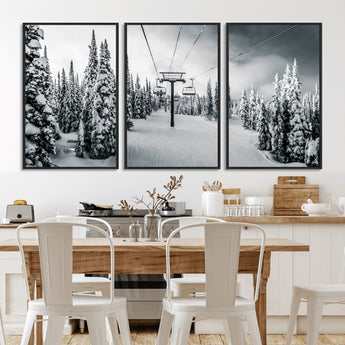31156828-MGV-FC-60X30-3P_Black-Snowy Pines Wall Art Canvas Print, Framed Ski Lift Art Picture Print, Winter Forest Perfect Moody Lodge Decor Artwork