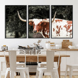 54027638-MGV-CV-36X24-Texas Longhorn Wall Art Canvas Print, Framed Spotted Cow Art Picture Print, Horned Bull Perfect Rustic Western Decor Artwork