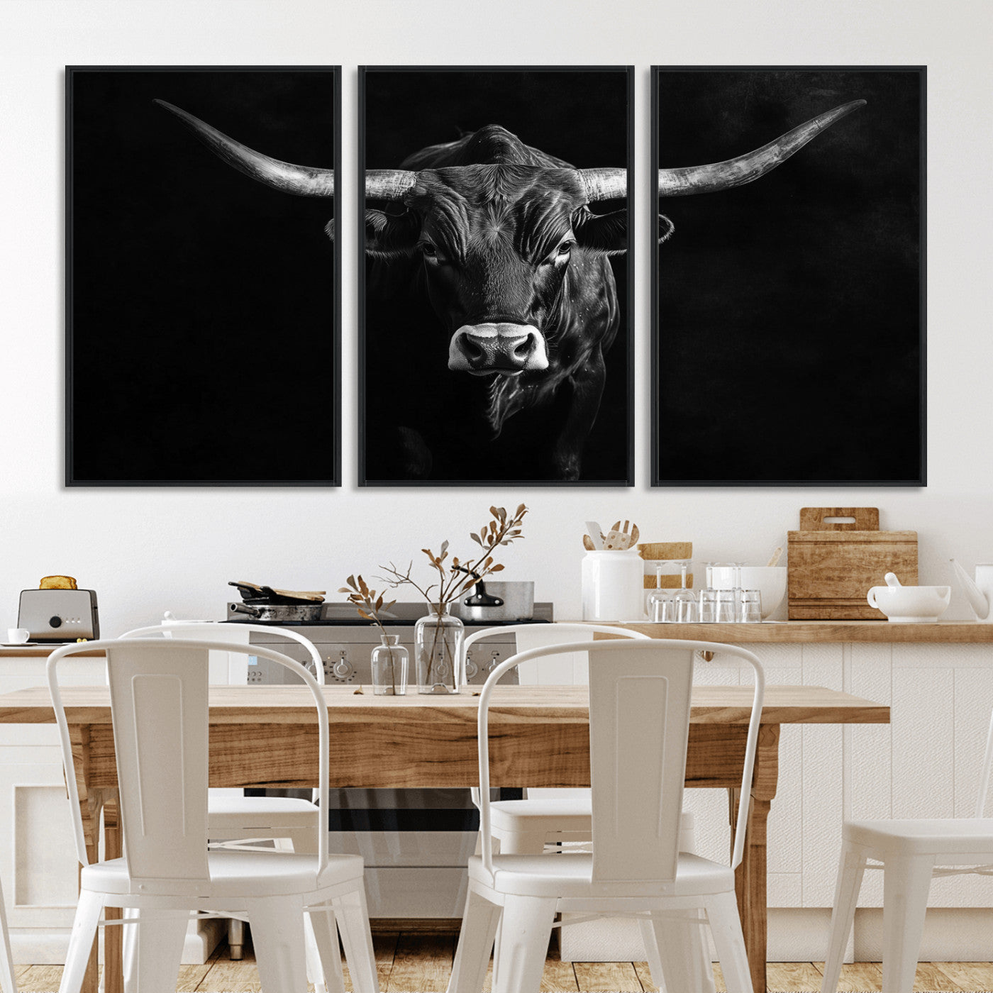 42077175-MGV-CV-36X24-Texas Longhorn Wall Art Canvas Print, Framed Monochrome Bull Art Picture Print, Horned Bull Perfect Rustic Western Decor Artwork