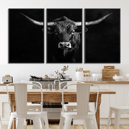 42077175-MGV-CV-36X24-Texas Longhorn Wall Art Canvas Print, Framed Monochrome Bull Art Picture Print, Horned Bull Perfect Rustic Western Decor Artwork