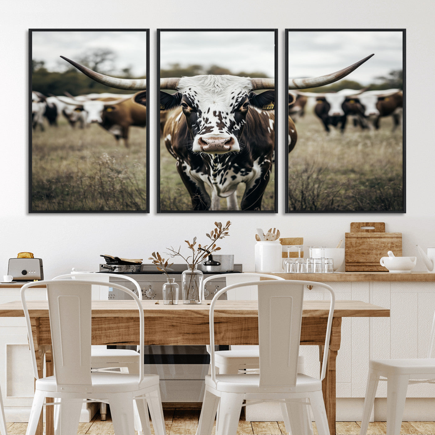 79025945-MGV-FC-60X30-3P_Black-Texas Longhorn Wall Art Canvas Print, Framed Speckled Cow Art Picture Print, Horned Cattle Perfect Rustic Western Decor Artwork