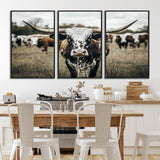 79025945-MGV-FC-60X30-3P_Black-Texas Longhorn Wall Art Canvas Print, Framed Speckled Cow Art Picture Print, Horned Cattle Perfect Rustic Western Decor Artwork