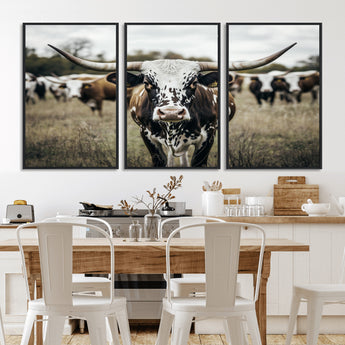 79025945-MGV-FC-60X30-3P_Black-Texas Longhorn Wall Art Canvas Print, Framed Speckled Cow Art Picture Print, Horned Cattle Perfect Rustic Western Decor Artwork