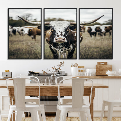 79025945-MGV-FC-60X30-3P_Black-Texas Longhorn Wall Art Canvas Print, Framed Speckled Cow Art Picture Print, Horned Cattle Perfect Rustic Western Decor Artwork