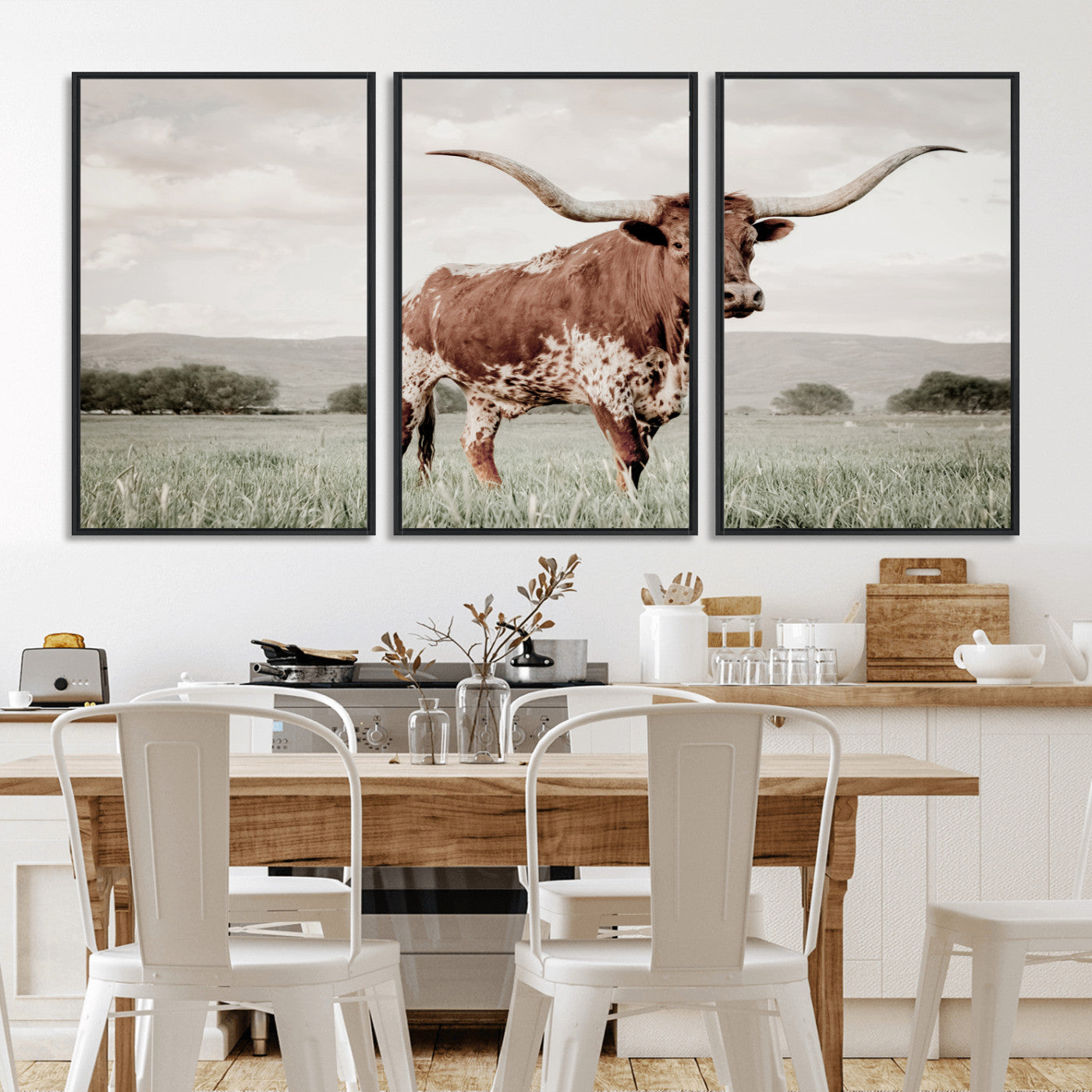 28309012-MGV-CV-36X24-Texas Longhorn Wall Art Canvas Print, Framed Spotted Cattle Art Picture Print, Horned Bull Perfect Rustic Western Decor Artwork