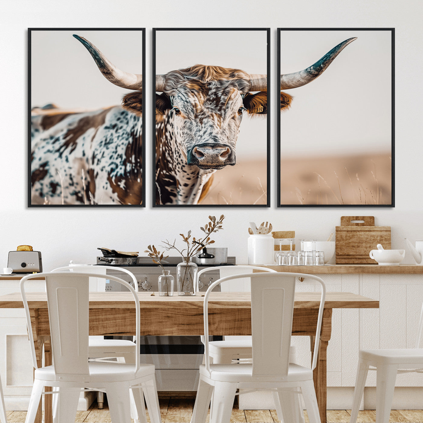 70414966-MGV-CV-36X24-Texas Longhorn Wall Art Canvas Print, Framed Speckled Cow Art Picture Print, Horned Bull Perfect Rustic Western Decor Artwork