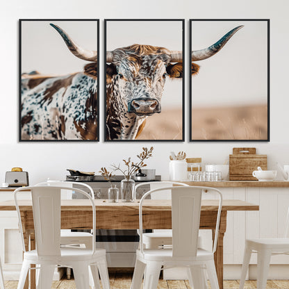 70414966-MGV-CV-36X24-Texas Longhorn Wall Art Canvas Print, Framed Speckled Cow Art Picture Print, Horned Bull Perfect Rustic Western Decor Artwork