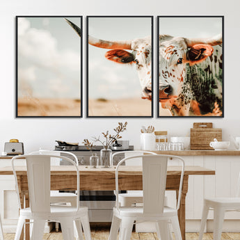 72766375-MGV-CV-36X24-Texas Longhorn Wall Art Canvas Print, Framed Spotted Cow Art Picture Print, Horned Cattle Perfect Rustic Western Decor Artwork