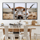 76294381-MGV-FC-60X30-3P_Black-Texas Longhorn Wall Art Canvas Print, Framed Spotted Cow Art Picture Print, Horned Cattle Perfect Rustic Western Decor Artwork