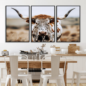 76294381-MGV-FC-60X30-3P_Black-Texas Longhorn Wall Art Canvas Print, Framed Spotted Cow Art Picture Print, Horned Cattle Perfect Rustic Western Decor Artwork