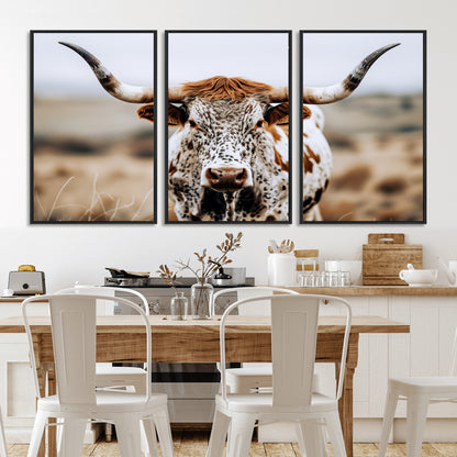 76294381-MGV-FC-60X30-3P_Black-Texas Longhorn Wall Art Canvas Print, Framed Spotted Cow Art Picture Print, Horned Cattle Perfect Rustic Western Decor Artwork
