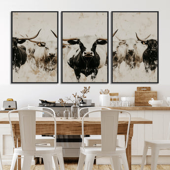 12027562-MGV-FC-60X30-3P_Black-Longhorn Cattle Wall Art Canvas Print, Framed Bison Herd Art Picture Print, Cattle Group Perfect Rustic Farmhouse Decor Artwork
