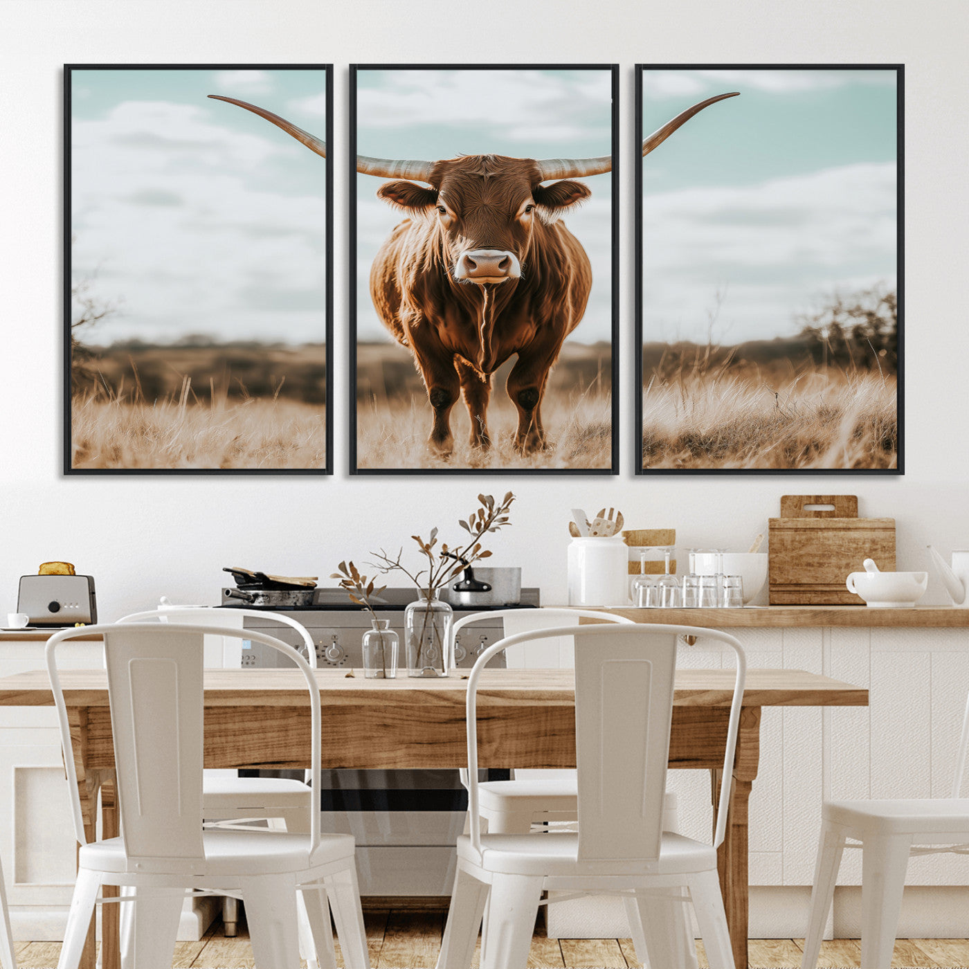 39350715-MGV-CV-36X24-Texas Longhorn Wall Art Canvas Print, Framed Longhorn Cow Art Picture Print, Western Cattle Perfect Rustic Western Decor Artwork