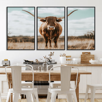 39350715-MGV-CV-36X24-Texas Longhorn Wall Art Canvas Print, Framed Longhorn Cow Art Picture Print, Western Cattle Perfect Rustic Western Decor Artwork