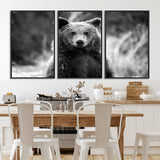MGV-FC-60X30-3P - Grizzly Bear Wall Art Canvas Print, Framed Black White Bear Art Picture Print, Wild Bear Perfect Rustic Wildlife Decor Artwork