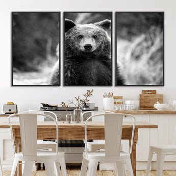 MGV-FC-60X30-3P - Grizzly Bear Wall Art Canvas Print, Framed Black White Bear Art Picture Print, Wild Bear Perfect Rustic Wildlife Decor Artwork