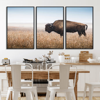 91267849-MGV-FC-60X30-3P_Black-Wild Bison Wall Art Canvas Print, Framed Bison in Prairie Art Picture Print, Rustic Western Perfect Rustic Western Decor Artwork