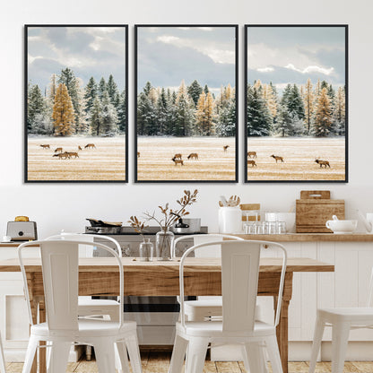 64188182-MGV-CV-36X24-Elk Herd Wall Art Canvas Print, Framed Snowy Forest Art Picture Print, Forest Elks Perfect Neutral Rustic Decor Artwork