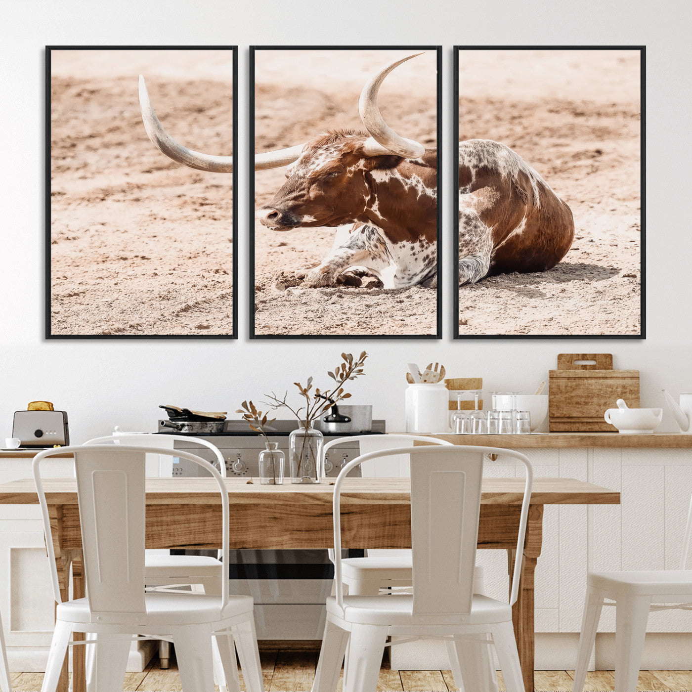 91248682-MGV-CV-36X24-Texas Longhorn Wall Art Canvas Print, Framed Resting Bull Art Picture Print, Spotted Cattle Perfect Rustic Western Decor Artwork