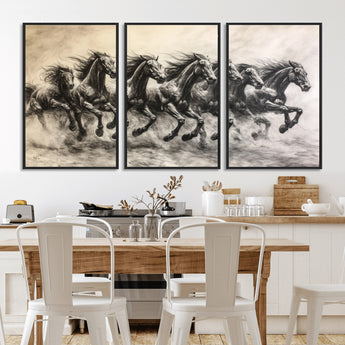56089591-MGV-FC-60X30-3P_Black-Galloping Horses Wall Art Canvas Print, Framed Wild Stallions Art Picture Print, Horse Herd Sketch Perfect Monochrome Dynamic