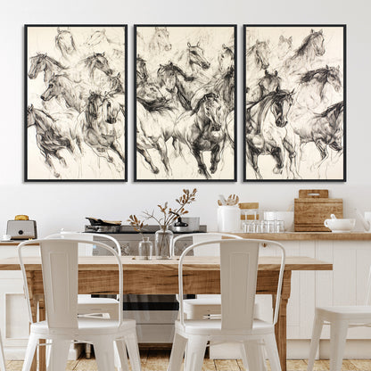 19433417-MGV-FC-60X30-3P_Black-Running Horses Wall Art Canvas Print, Framed Horse Sketch Art Picture Print, Galloping Herd Perfect Monochrome Western Decor