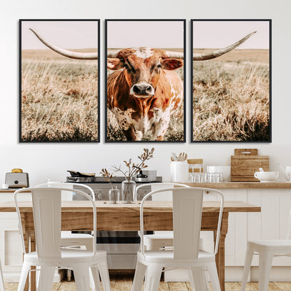 54986862-MGV-FC-60X30-3P_Black-Majestic Longhorn Wall Art – Canvas Print of Graceful Strength & Bold Spirit, Wild Plains Beauty Nature Inspired Rustic Decor for
